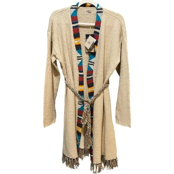 Faherty Cardigan Size Medium Large Aztec Tie Fringe Ivory Sweater - Picture 2 of 10